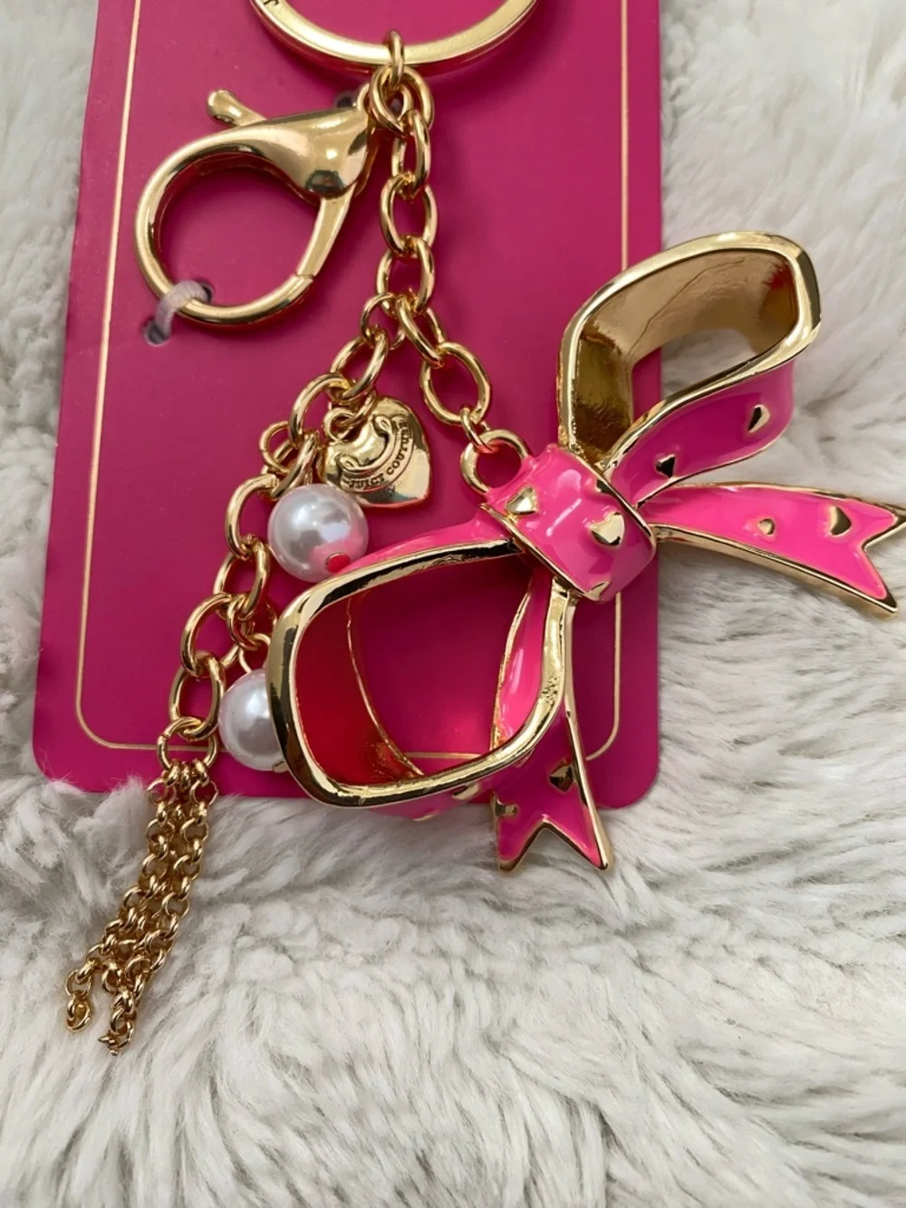 Juicy Couture Hot Pink Enamel Bow Keychain with Gold Hardware